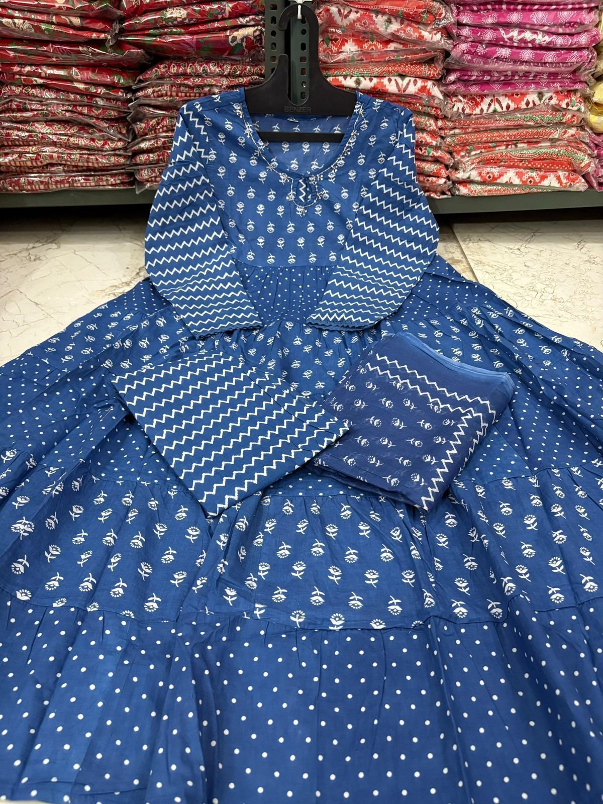 Indigo Blue Cotton Anarkali Suit with Dupatta